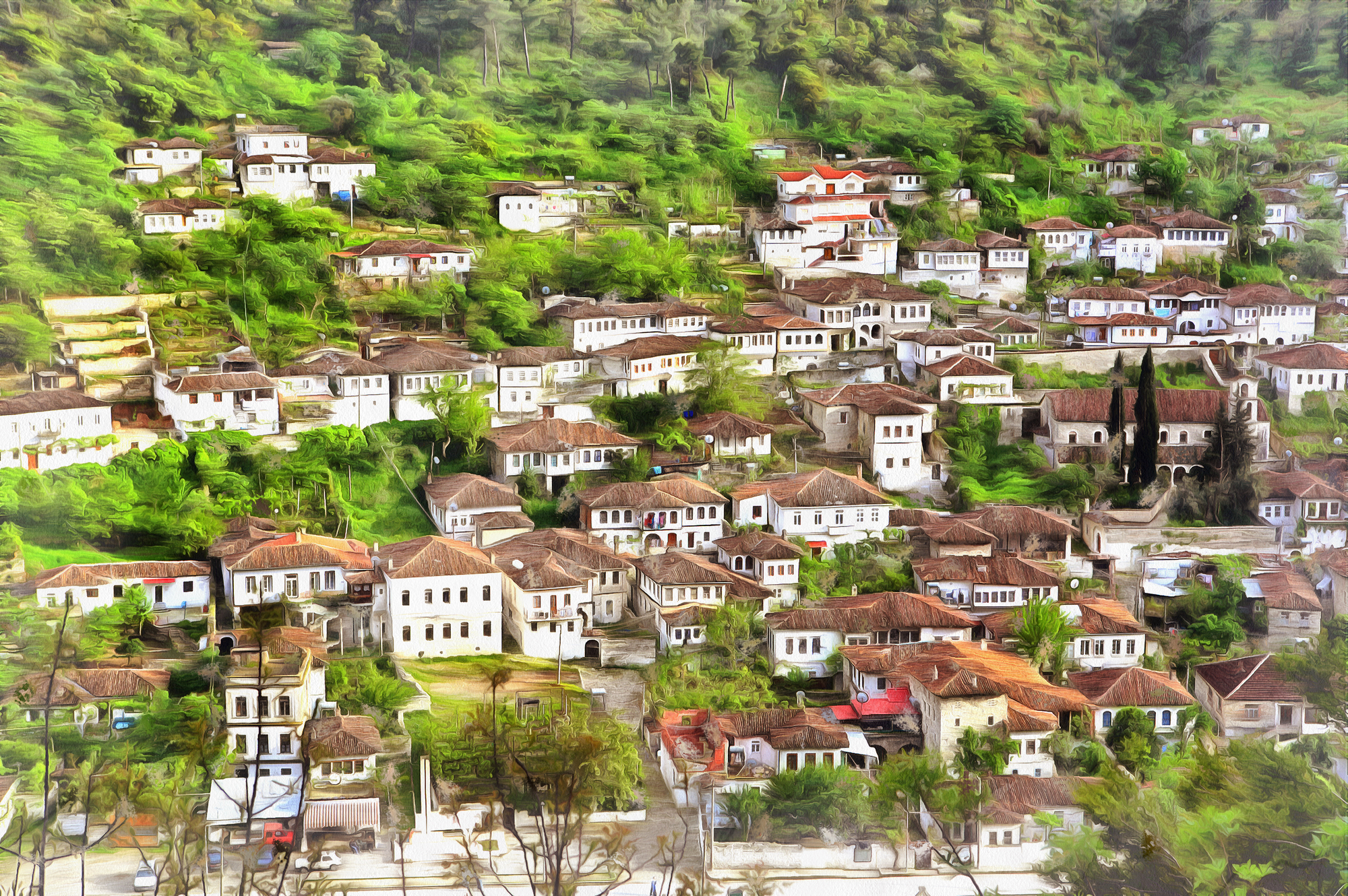 View of old town colorful painting looks like picture, Berat, Albania.